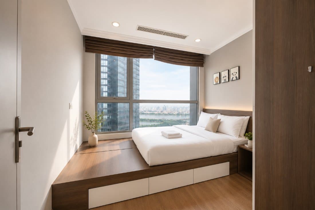 Phòng ngủ Gao Ji House với cửa sổ lớn nhìn ra Landmark 81 và sông Sài Gòn